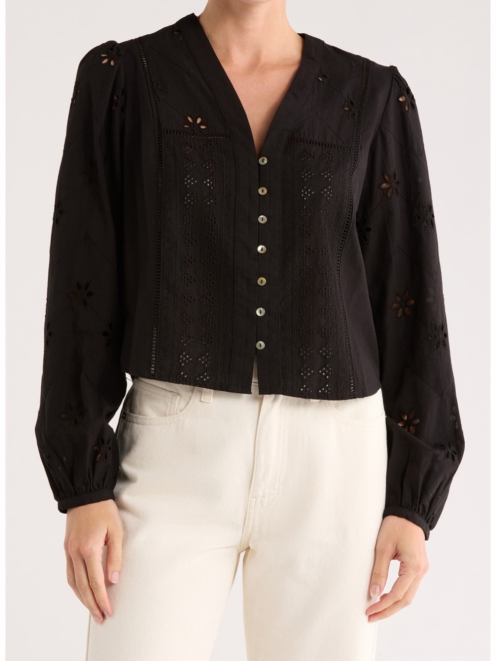 Industry Black Eyelet Button Front Blouse with V-Neck